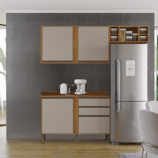 Cozinha 3 Peças Pérola Cinamomo/Off: Balcão 1,20m + Aéreo 1,20m + Armário de Geladeira 0,70m - Sallêto