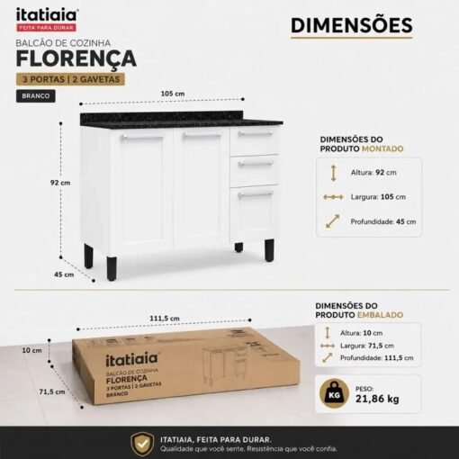 Balcão de Cozinha em Aço 1,05m Florença Branco - Itatiaia - Imagem 4