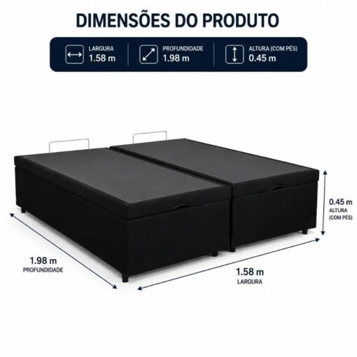 Base Box Baú Queen Bipartido Confort Sued Preto Blindado 158x198x45 cm - Issacar - Imagem 4