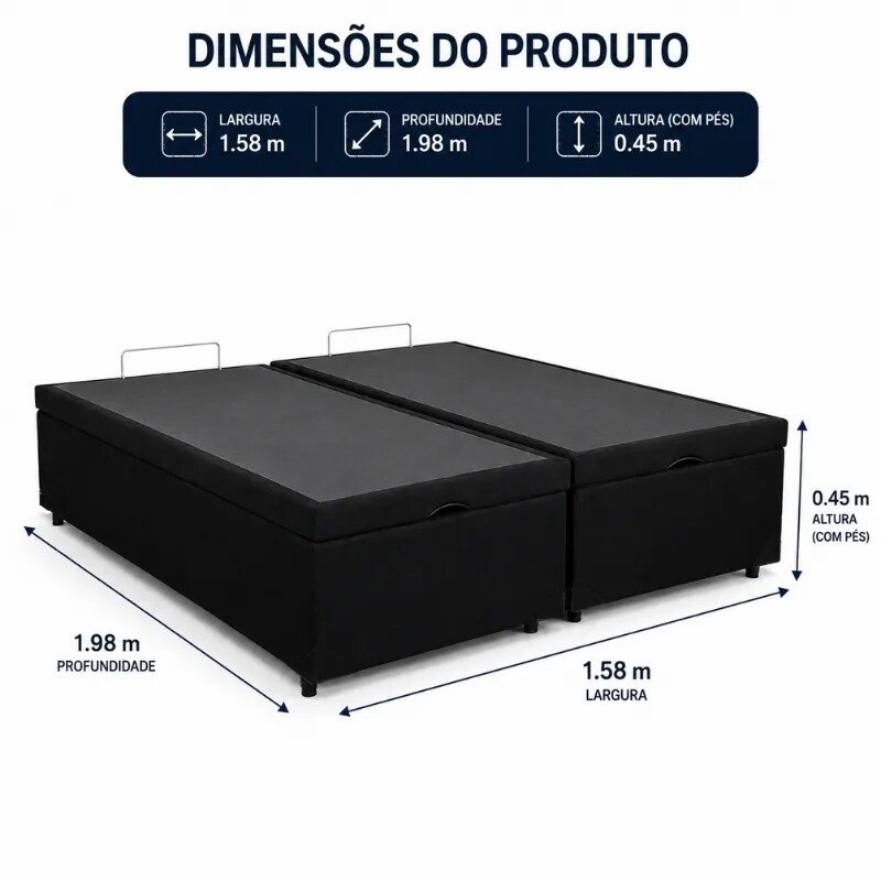 Base Box Baú Queen Bipartido Confort Sued Preto Blindado 158x198x45 cm - Issacar - Imagem 4