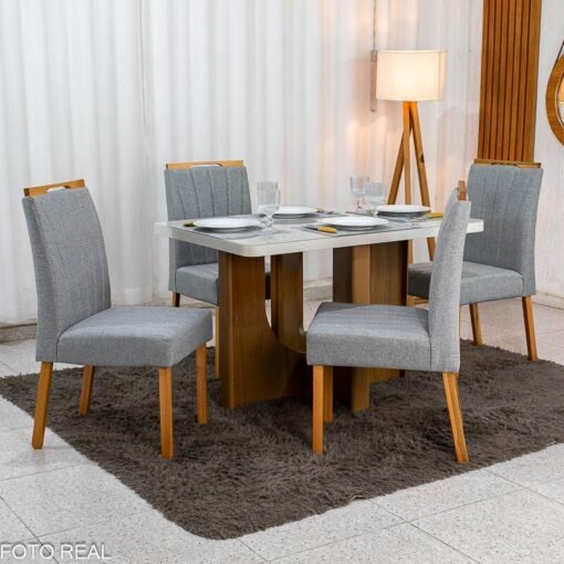 Mesa de Jantar Dora 120x80 Vidro Off Base MDF Cinamomo - Valdemóveis + 4 Cadeiras Gabi Linho Cinza Estrutura Madeira Bom Lar - Entregue Montada