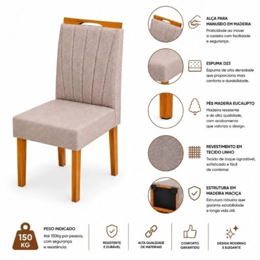 Mesa de Jantar Dora 120x80 Vidro Off Base MDF Cinamomo - Valdemóveis + 4 Cadeiras Gabi Linho Marrom Estrutura Madeira Bom Lar - Entregue Montada - Imagem 11