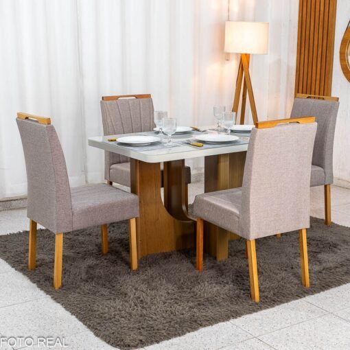 Mesa de Jantar Dora 120x80 Vidro Off Base MDF Cinamomo - Valdemóveis + 4 Cadeiras Gabi Linho Marrom Estrutura Madeira Bom Lar - Entregue Montada - Imagem 3