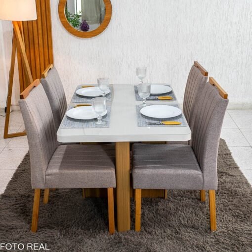Mesa de Jantar Dora 120x80 Vidro Off Base MDF Cinamomo - Valdemóveis + 4 Cadeiras Gabi Linho Marrom Estrutura Madeira Bom Lar - Entregue Montada - Imagem 5