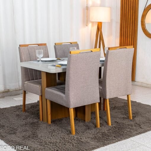 Mesa de Jantar Dora 120x80 Vidro Off Base MDF Cinamomo - Valdemóveis + 4 Cadeiras Gabi Linho Marrom Estrutura Madeira Bom Lar - Entregue Montada - Imagem 6