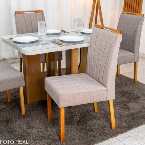Mesa de Jantar Dora 120x80 Vidro Off Base MDF Cinamomo - Valdemóveis + 4 Cadeiras Gabi Linho Marrom Estrutura Madeira Bom Lar - Entregue Montada - Imagem 7