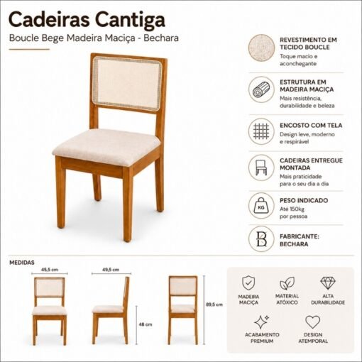 Caixa 2 Cadeiras Cantiga Bouclé Bege Estrutura Madeira Bechara - Entregue Montada - Imagem 7