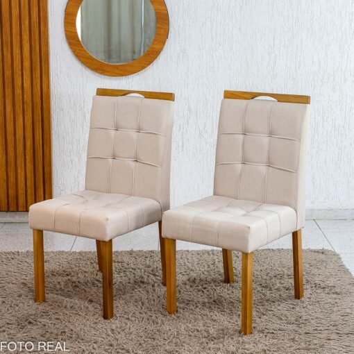 Caixa 2 Cadeiras Sophia Linho Bege 200 Estrutura Madeira WM Decor - Entregue Montada