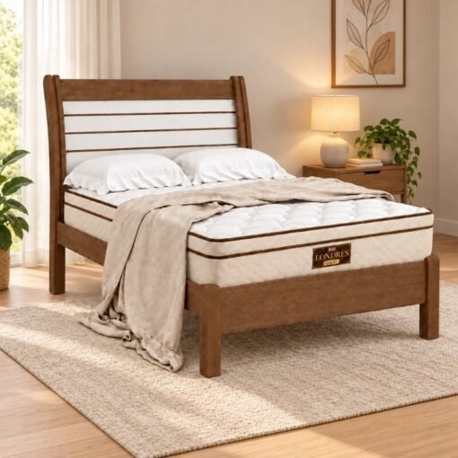 Cama Casal Esmeralda Plus Castanho/Off D Doro + Colchão Casal Molas Ensacadas Londres Gazin 138x188x32 cm | Suporta até 240kg