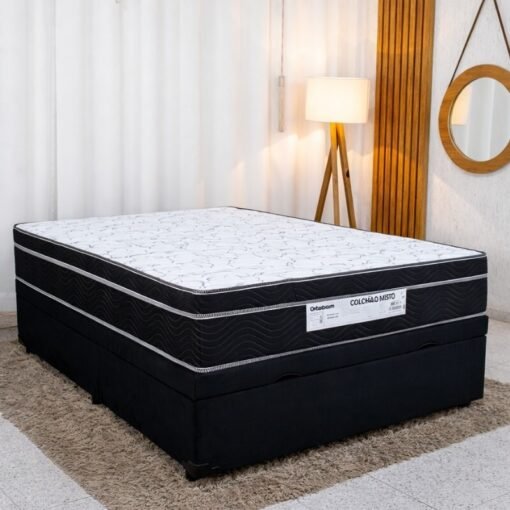 Colchão Casal Ortopédico Airtech 150 Ortopillow Ortobom + Base Box Baú Casal Confort Sued Preto Blindado Issacar - 138x188x73