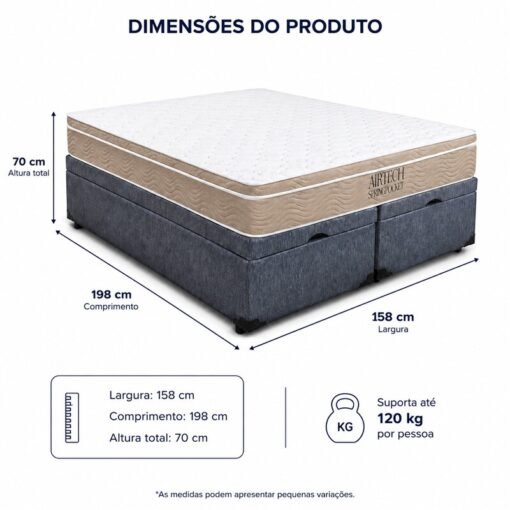 Colchão Queen Molas Ensacadas Airtech Springpocket Ortobom + Base Box Baú Queen Confort Linhão Petróleo Blindado Issacar - 158x198x70 - Imagem 7