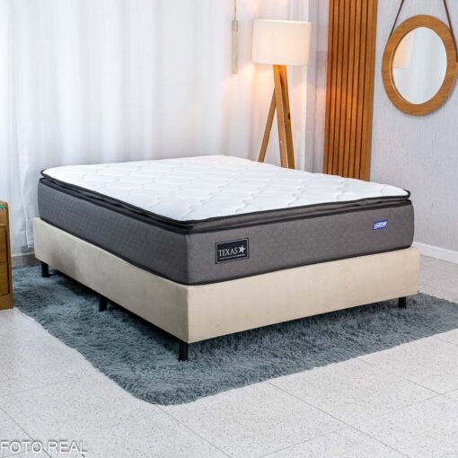 Colchão Casal Molas Ensacadas BlueWave Texas Gazin + Base Box Casal Sued Bege Ortobel - 138x188x66