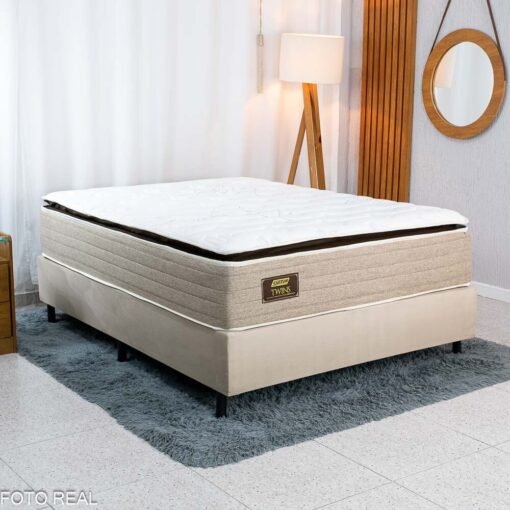 Colchão Casal Molas Ensacadas BlueWave Twins Gazin + Base Box Casal Sued Bege Ortobel - 138x188x71