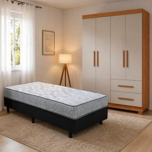 Guarda-roupa Solteiro 1,00m Estrela Cinamomo/Off 4 Portas 2 Gavetas com Pés Sallêto + UniBox Solteiro Supreme Natural D28 88x188x53 Cinza Gazin