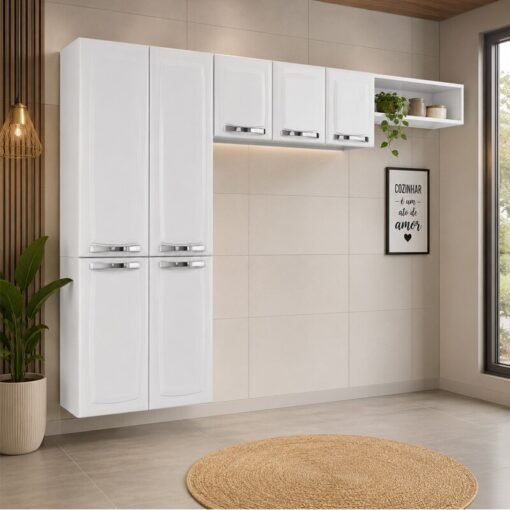 Cozinha em Aço 3 Peças 2,45m Rose Branco: Paneleiro + Aéreo + Nicho de Geladeira - Itatiaia