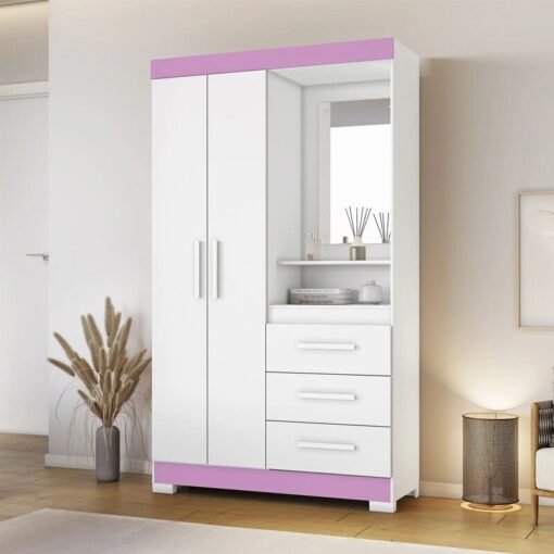 Guarda-roupa Solteiro 1,08m NT 6020 Branco/Rosa 2 Portas 3 Gavetas com Pés Portas Flex - Notável
