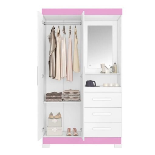 Alternative view of Guarda-roupa Solteiro 1,08m NT 6020 Branco/Rosa 2 Portas 3 Gavetas com Pés Portas Flex - Notável