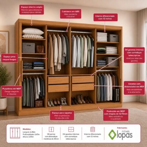 Guarda-roupa Casal 2,36m Andara Amêndoa 8 Portas 4 Gavetas - Lopas - Imagem 5