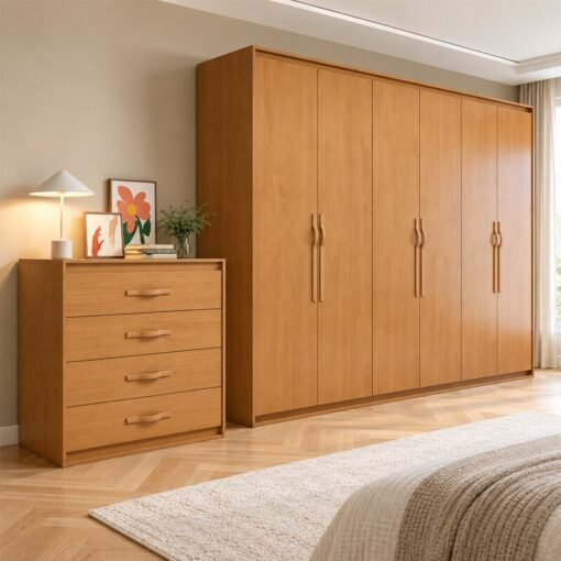 Guarda-roupa Casal 2,71m Suavitá Amêndoa Clean 6 Portas 6 gavetas + Cômoda 0,89m Suavitá Amêndoa Clean 4 Gavetas - Lopas