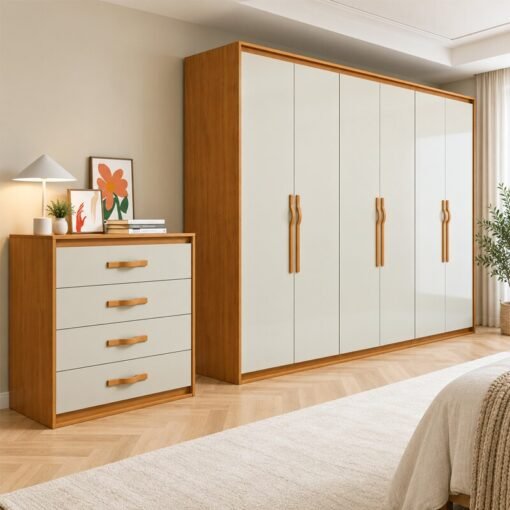 Guarda-roupa Casal 2,71m Suavitá Amêndoa Clean/Off 6 Portas 6 gavetas + Cômoda 0,89m Suavitá Amêndoa Clean/Off 4 Gavetas - Lopas
