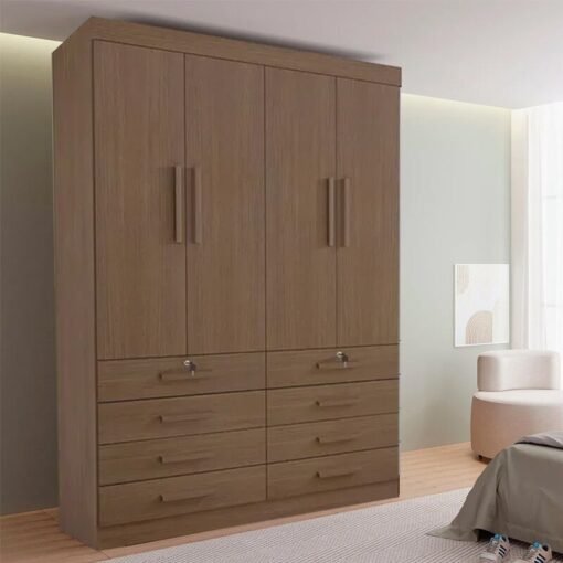 Guarda-roupa Solteiro 1,60m Mônaco Plus Castanho 4 Portas 8 Gavetas 100% MDF - D Doro