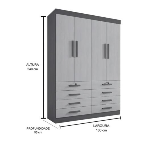 Guarda-roupa Solteiro 1,60m Mônaco Plus Castanho 4 Portas 8 Gavetas 100% MDF - D Doro - Imagem 3
