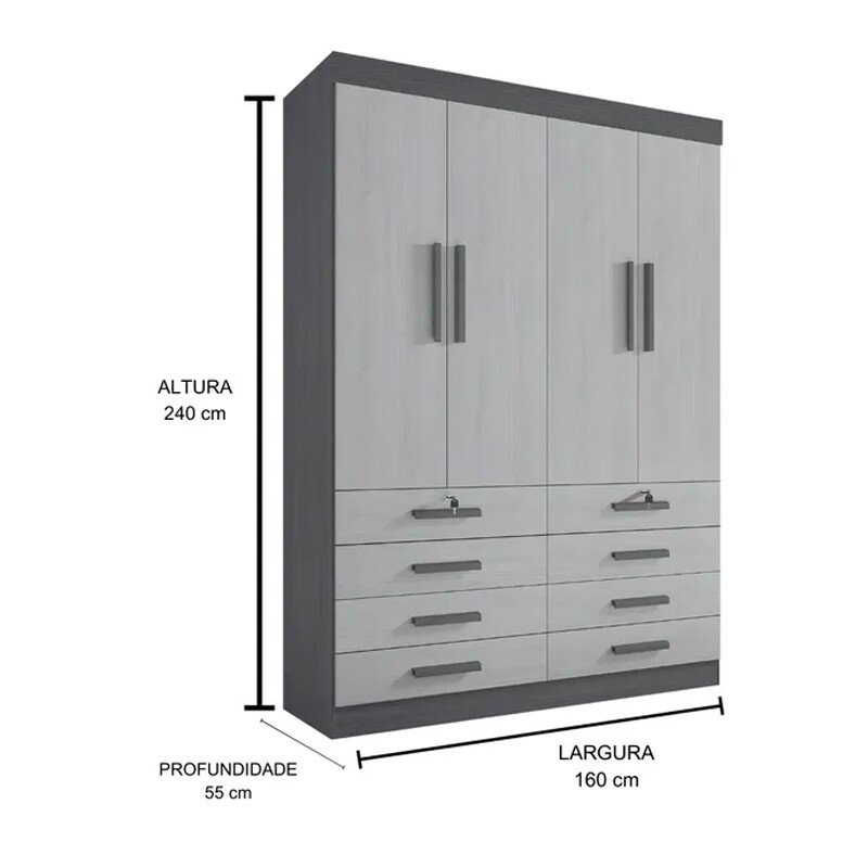 Guarda-roupa Solteiro 1,60m Mônaco Plus Castanho 4 Portas 8 Gavetas 100% MDF - D Doro - Imagem 3