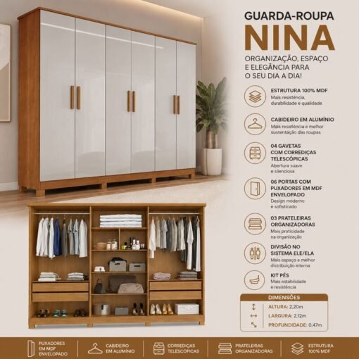 Guarda-roupa Casal 2,12m Nina Nature/Off 6 Portas 4 Gavetas 100% MDF com Pés - Bianchi - Imagem 4