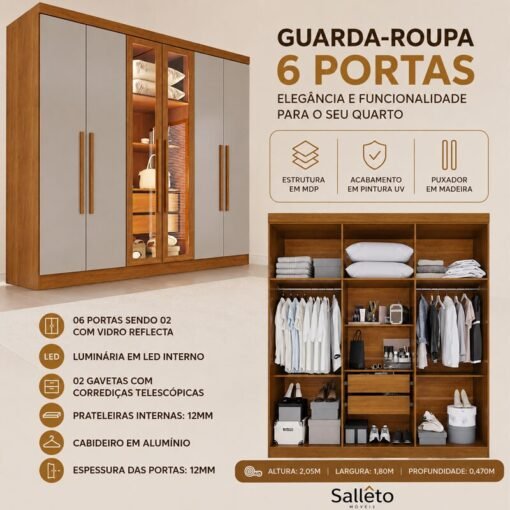 Guarda-roupa 1,80m Vision Cinamomo/Off 6 Portas 2 Reflecta com LED - Sallêto - Imagem 5