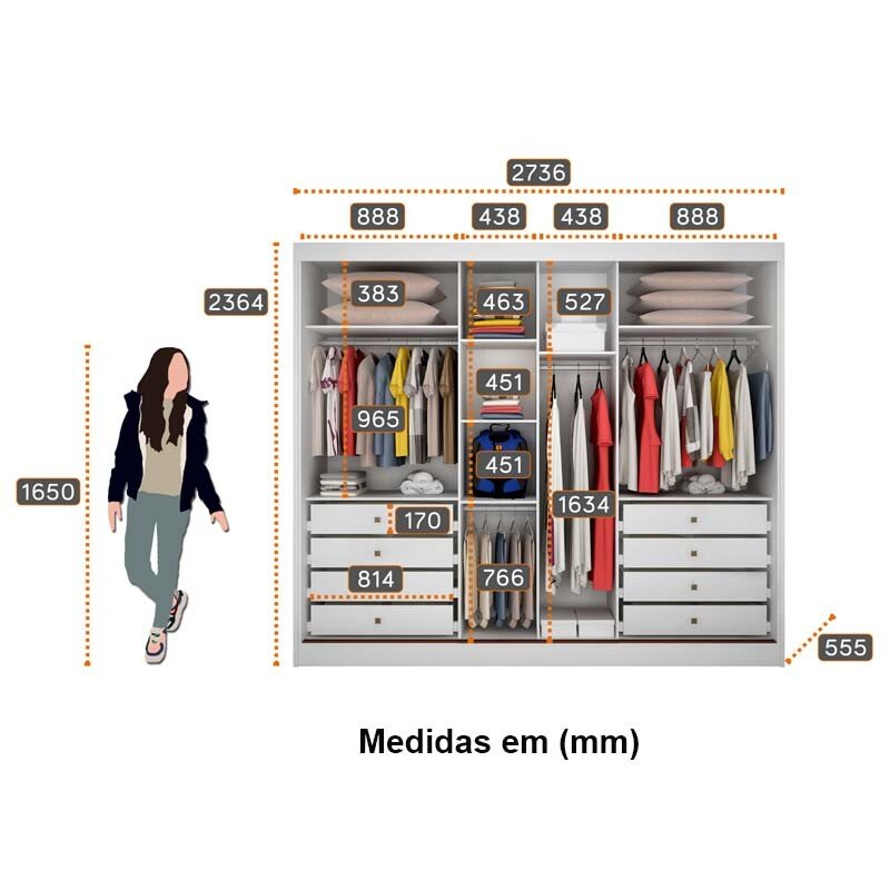 Guarda-roupa Casal 2,73m Sollo Plus Branco 3 Portas 8 Gavetas 100% MDF com 1 Espelho - Novo Horizonte - Imagem 3