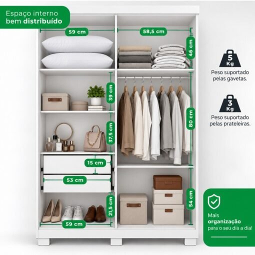 Guarda-roupa Solteiro 1,21m Recife Branco 4 Portas 2 Gavetas com Pés - Sallêto - Imagem 3