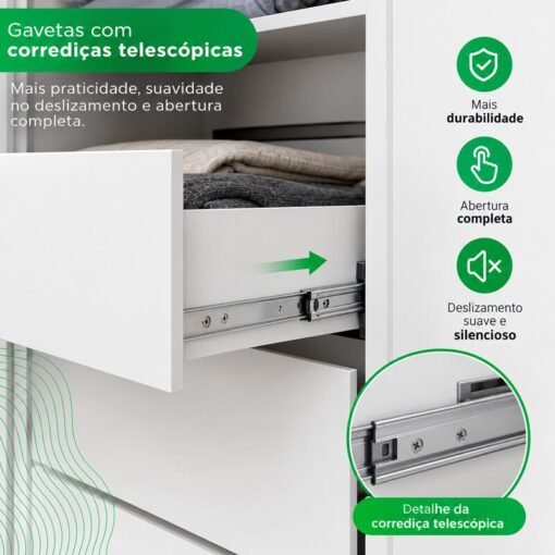 Guarda-roupa Solteiro 1,21m Recife Branco 4 Portas 2 Gavetas com Pés - Sallêto - Imagem 7