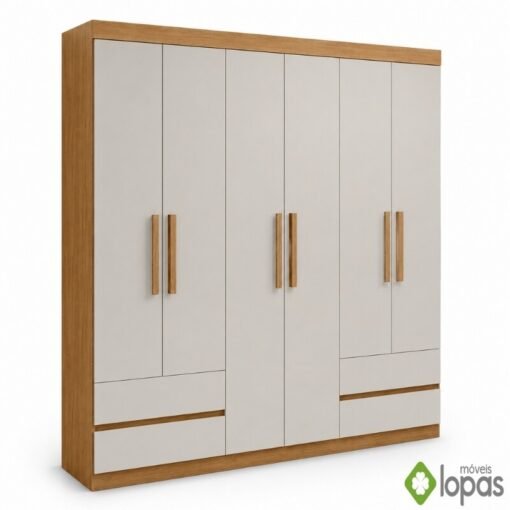 Guarda-roupa 1,77m Zeus Amêndoa Clean/Off 6 Portas 4 Gavetas - Lopas