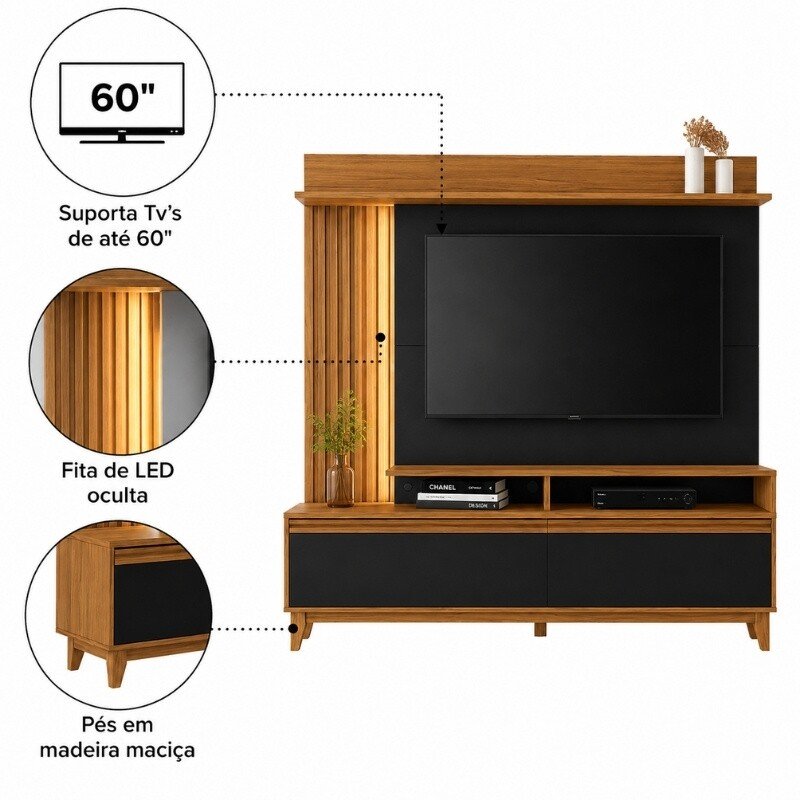 Home 1,83m NT 1400 Freijó/Preto com Detalhe Ripado e LED para TV até 60" - Notável - Imagem 8