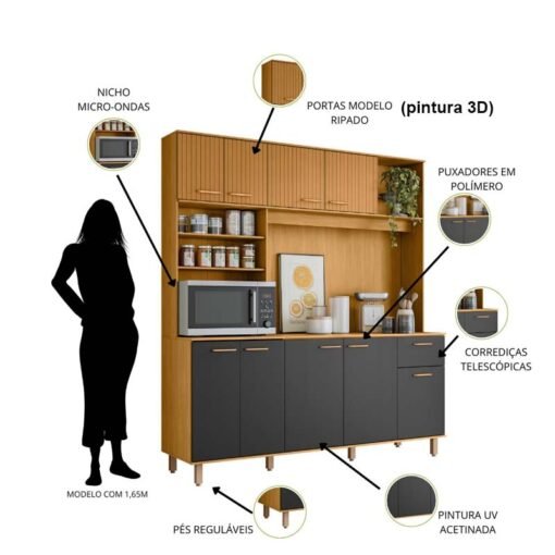 Kit de Cozinha 1,80m Núria com Detalhe Ripado 3D Freijó/Grafite 9 Portas 1 Gaveta - Poliman - Imagem 4