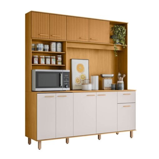 Kit de Cozinha 1,80m Núria com Detalhe Ripado 3D Freijó/Off 9 Portas 1 Gaveta - Poliman - Imagem 3