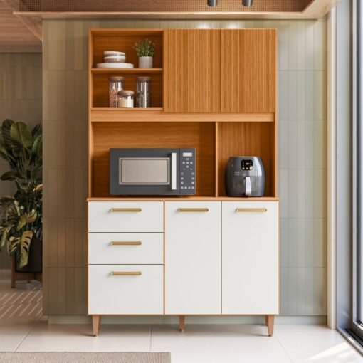 Kit de Cozinha 1,15m Sicília Médio Freijó/Off com Portas Ripadas/Fresadas - Poliman