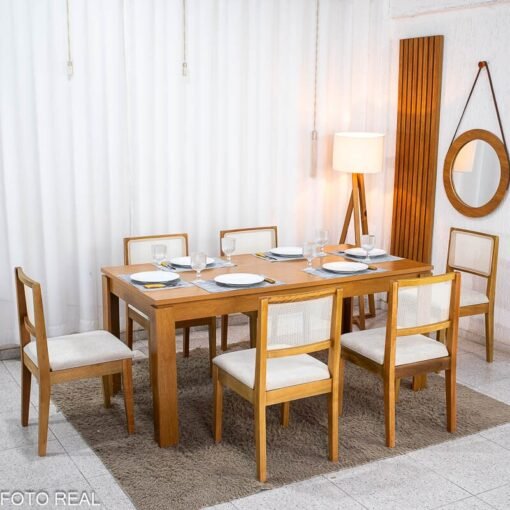Mesa de Jantar Athenas 180x90 Amêndoa Clean Tampo Maciço Lopas + 6 Cadeiras Cantiga Boucle Bege Bechara
