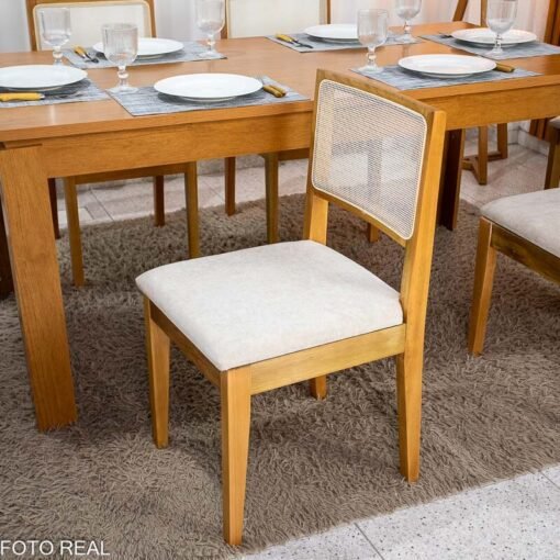 Mesa de Jantar Athenas 180x90 Amêndoa Clean Tampo Maciço Lopas + 6 Cadeiras Cantiga Boucle Bege Bechara - Imagem 4