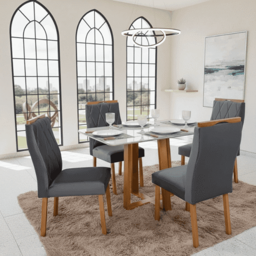 Mesa de Jantar Bali 120x80 Vidro Off Base Minas Plac + 4 Cadeiras Lisboa Veludo Cinza 507 Art Assento - Entregue Montada