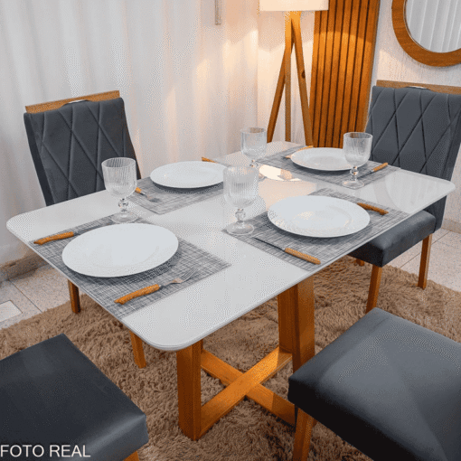 Alternative view of Mesa de Jantar Bali 120x80 Vidro Off Base Minas Plac + 4 Cadeiras Lisboa Veludo Cinza 507 Art Assento - Entregue Montada