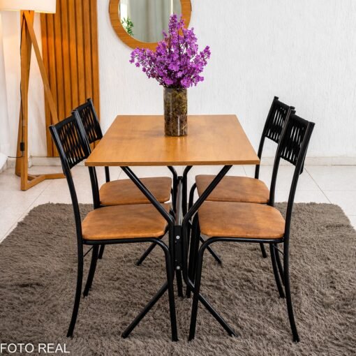 Mesa de Cozinha Atenas 90x58 Tampo Madeirado Base Nexus Preto + 4 Cadeiras Assento Corino Marrom - Tubo Minas - Imagem 11