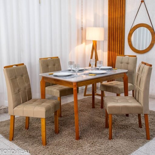 Mesa de Jantar Alegra 120x80 Vidro Off Base em Madeira JCM + 4 Cadeiras Londres Veludo Avelã Minas Plac - Entregue Montada