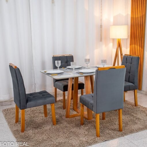 Mesa de Jantar Bali 120x80 Vidro Off Base Madeira + 4 Cadeiras Londres Veludo Chumbo Minas Plac - Entregue Montada - Imagem 4