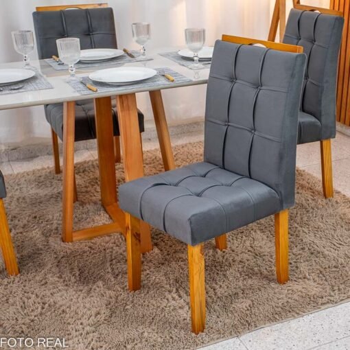 Mesa de Jantar Bali 120x80 Vidro Off Base Madeira + 4 Cadeiras Londres Veludo Chumbo Minas Plac - Entregue Montada - Imagem 6