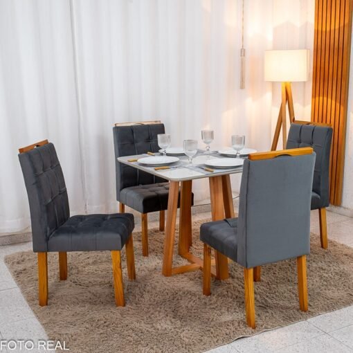 Mesa de Jantar Bali 90x90 Vidro Off Base Madeira + 4 Cadeiras Londres Veludo Chumbo Minas Plac - Entregue Montada