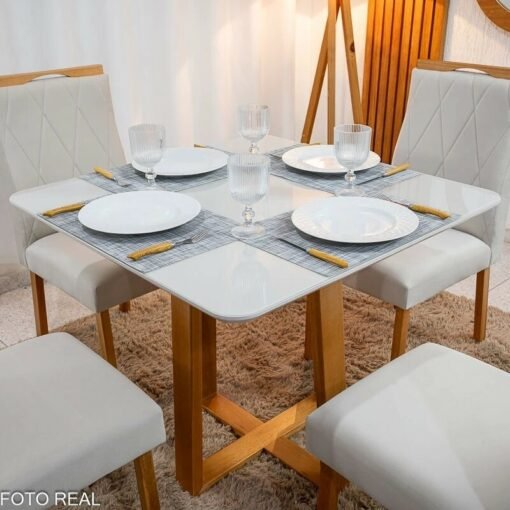 Alternative view of Mesa de Jantar Bali 90x90 Vidro Off Base Minas Plac + 4 Cadeiras Lisboa Veludo Bege 512 Art Assento - Entregue Montada