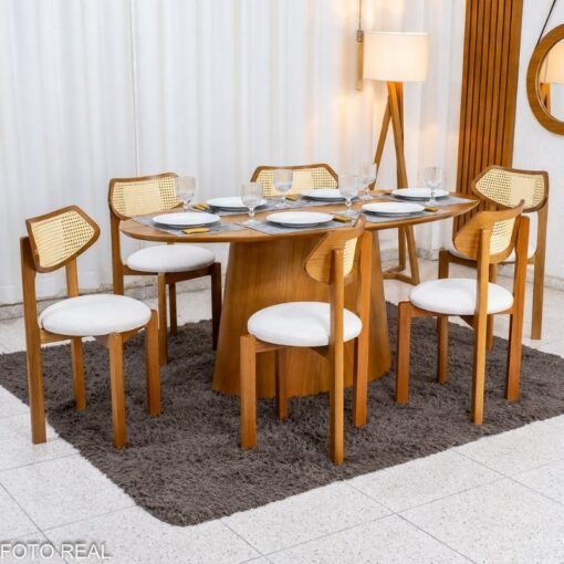 Mesa de Jantar Barcelona Oval 180x90 Cinamomo + 6 Cadeiras Munique Linho Bege Estrutura Madeira Minas Plac - Entregue Montada - Imagem 3