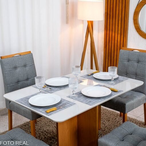 Mesa de Jantar Moscou 120x80 Vidro Off Base Cinamomo + 4 Cadeiras Londres Linho Cinza Minas Plac - Entregue Montada - Imagem 2
