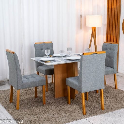 Mesa de Jantar Moscou 120x80 Vidro Off Base Cinamomo + 4 Cadeiras Londres Linho Cinza Minas Plac - Entregue Montada - Imagem 3
